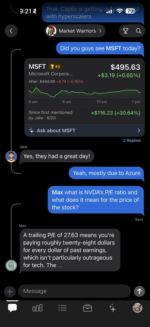 StockChat group chat with a live MSFT card inline in the conversation, showing price, chart and the gain since it was first mentioned