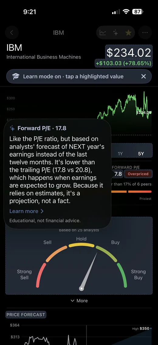 StockChat Learn mode explaining IBM's forward P/E of 17.8 and why it sits below the trailing figure