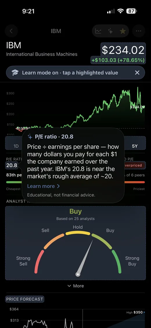 StockChat Learn mode explaining IBM's P/E ratio of 20.8 in plain English