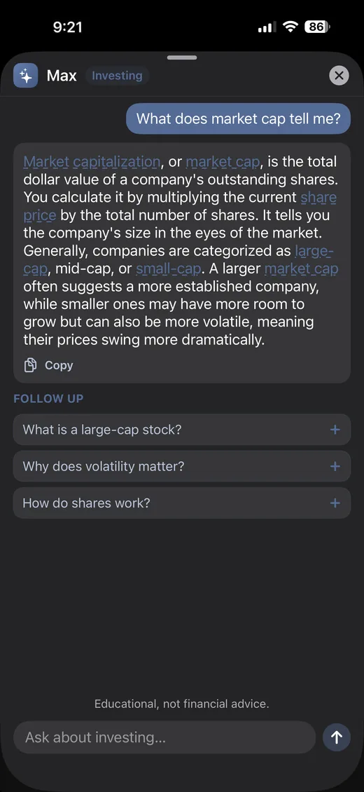 Asking Max, the AI analyst in the stock chat, a question about investing and getting a plain-English answer with the key terms linked