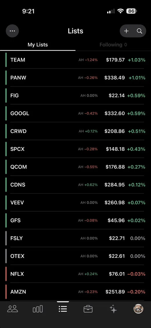 StockChat lists as one sortable table of every ticker across every list