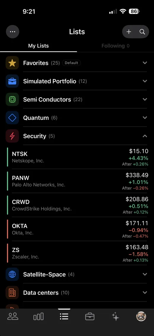 StockChat lists grouped by category, each with its own icon and color, expanded or collapsed