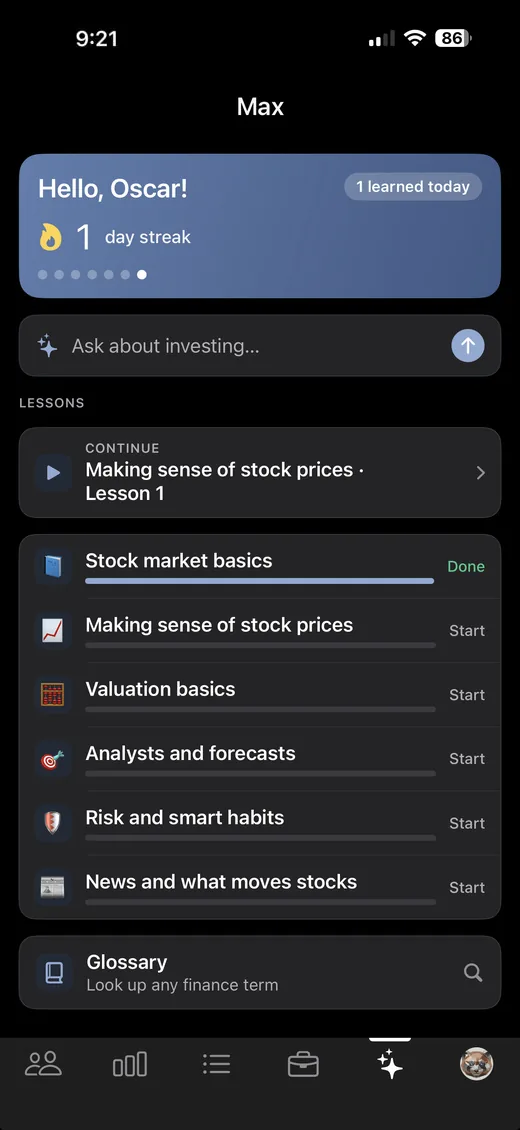 StockChat Learn section with six short courses and 28 lessons, two minutes each