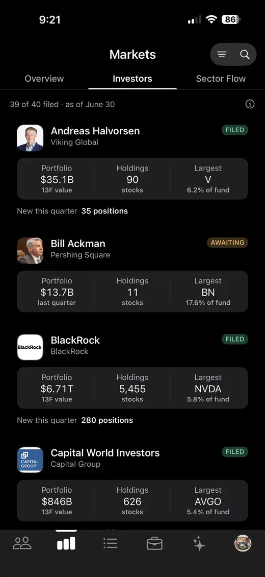 StockChat Markets Investors tab showing what forty tracked investors did last quarter and which have filed