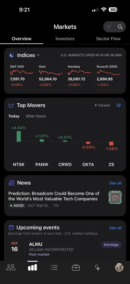 StockChat Markets overview with the four indices, a countdown to the open, the day's biggest movers and the headlines behind them
