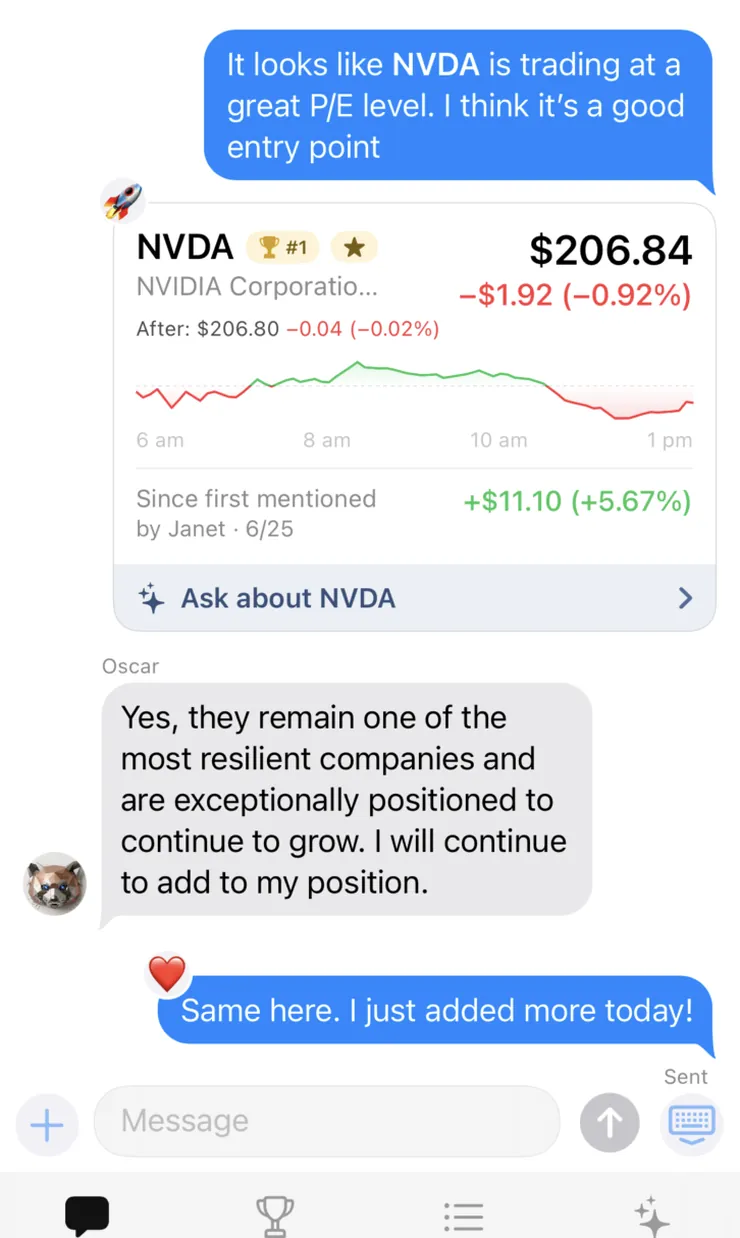 StockChat group chat with a live NVDA card inline in the conversation, showing price, chart and the gain since it was first mentioned