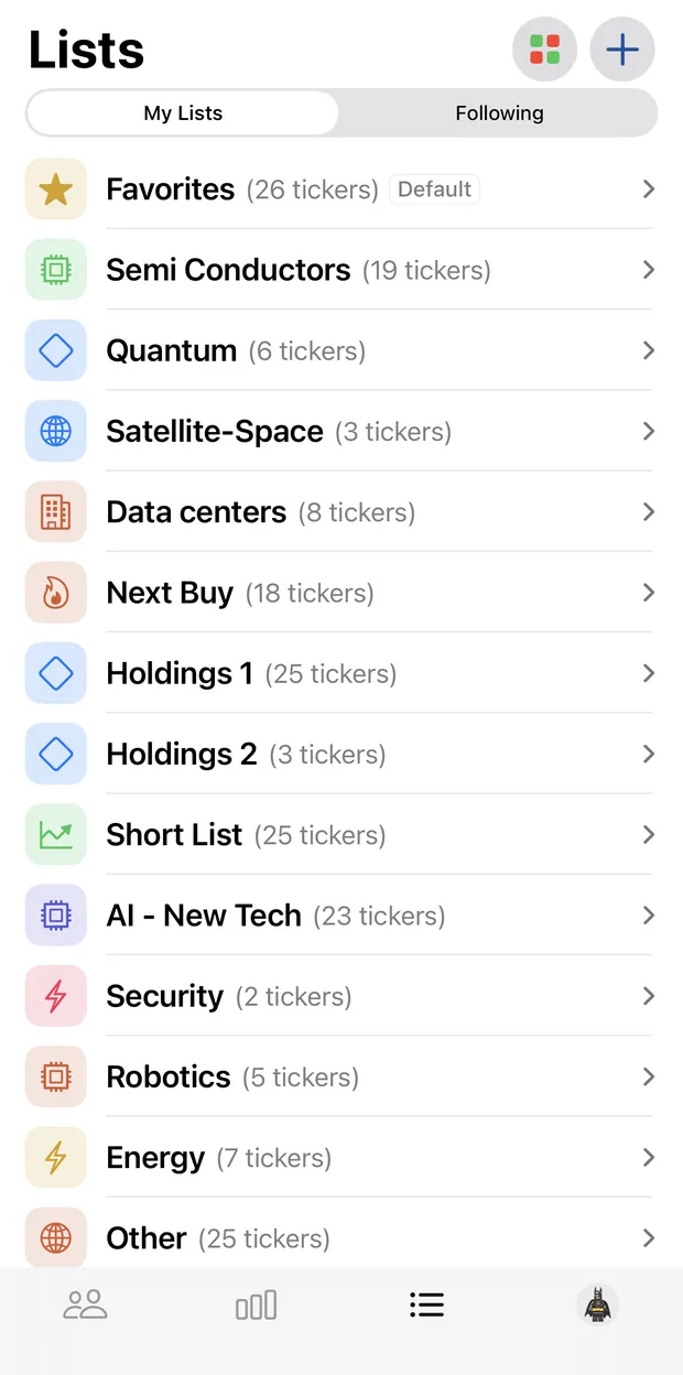 The Lists tab with watchlists named Favorites, Semi Conductors, Quantum, Data centers, Next Buy and more, each showing a ticker count.