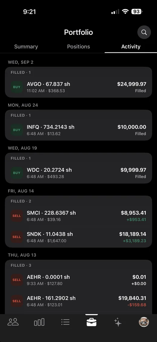 Paper trading activity feed in StockChat, showing completed buy and sell orders by day