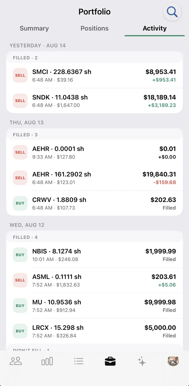 StockChat activity feed showing completed buy and sell orders by day